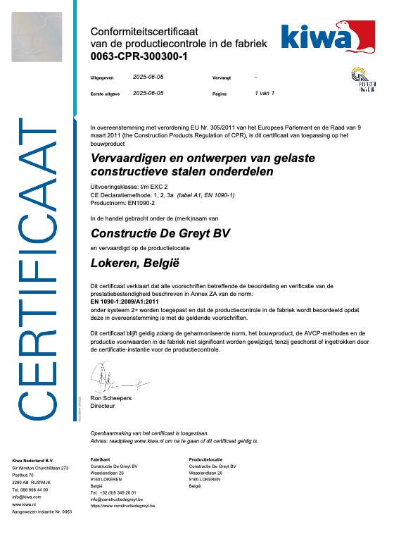 Conformiteitscertificaat EN 1090 van Kiwa voor Constructie De Greyt BV